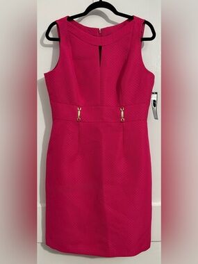 Tahari Arthur S. Levine Fuchsia Sleeveless Midi Sheath Dress with Gold Hardware